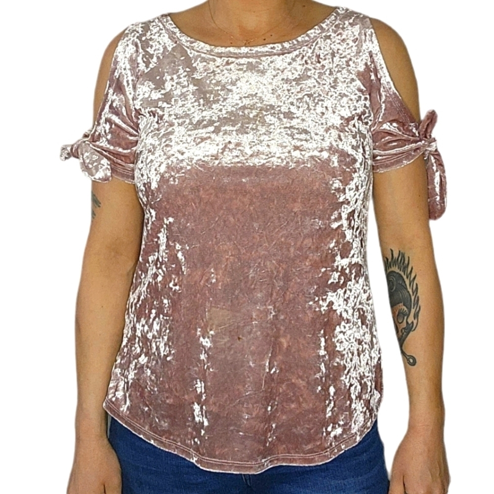 Sanctuary Velvet Open Shoulder Tied Short Sleeve Top Size Small Pink